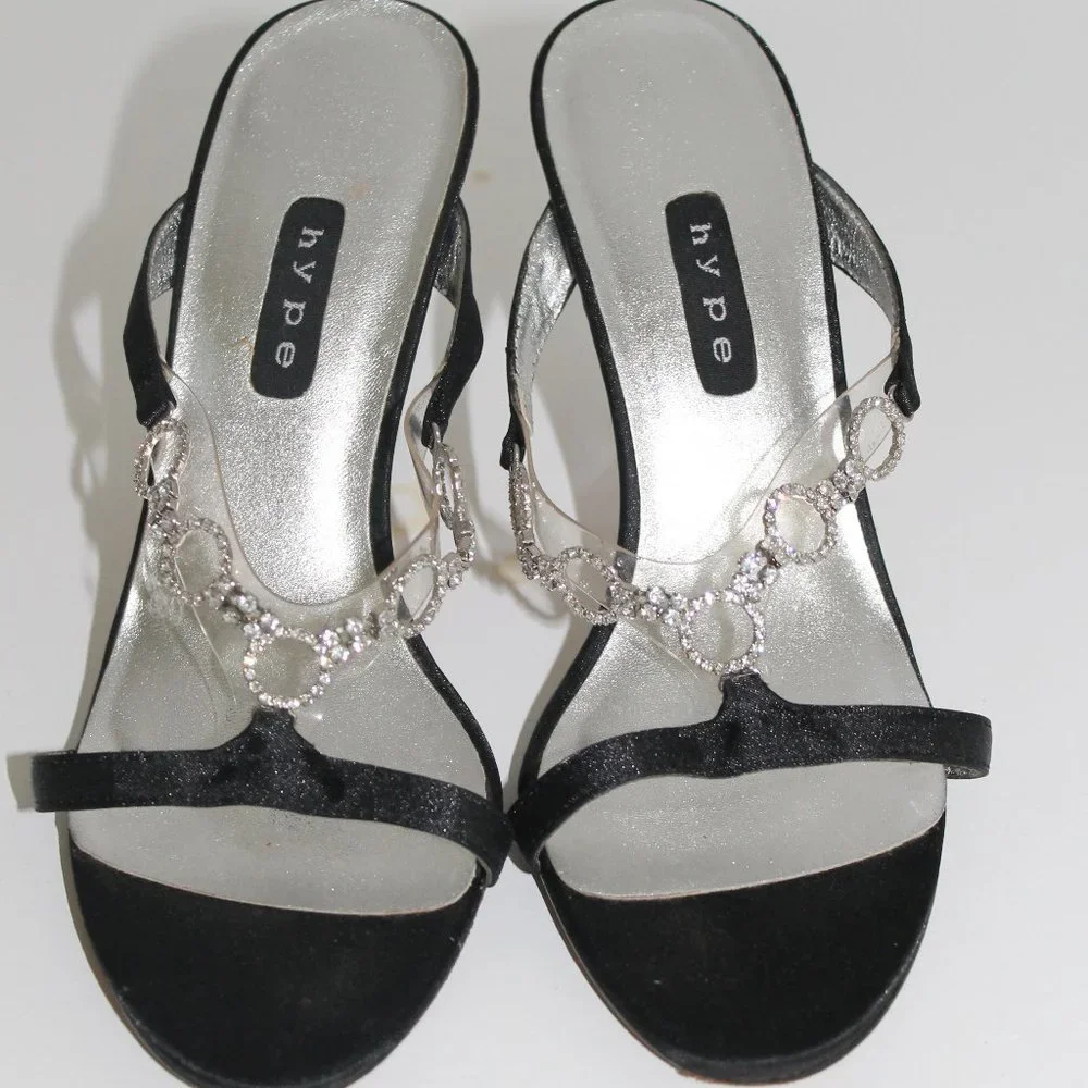 Hype Brand Silver Heels Jeweled Satin Black Pumps Womens Sling 6 M GORGEOUS